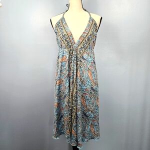 Kasturi Vintage Silk Halter Dress Open Back Tassel‎ Tie Paisley Boho Blue Pink